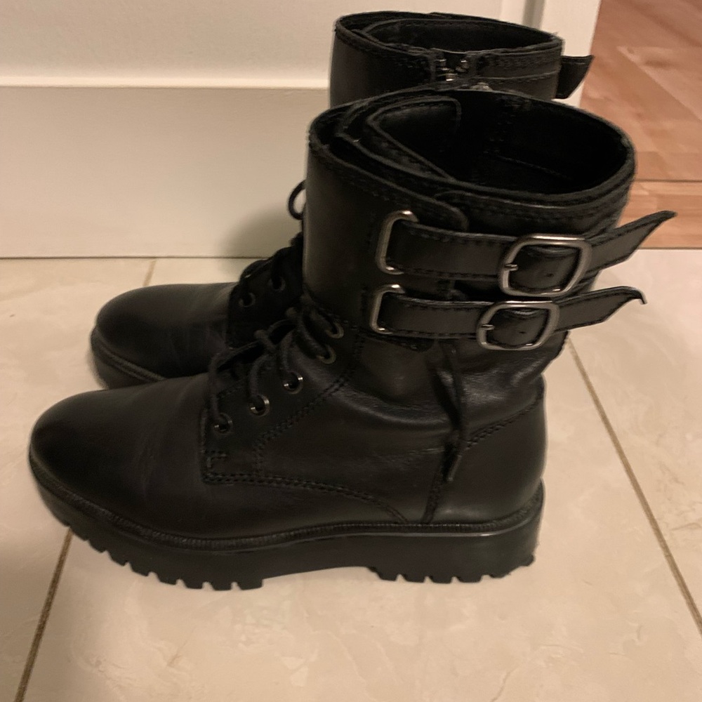 Black Combat Boots with Buckle Detail